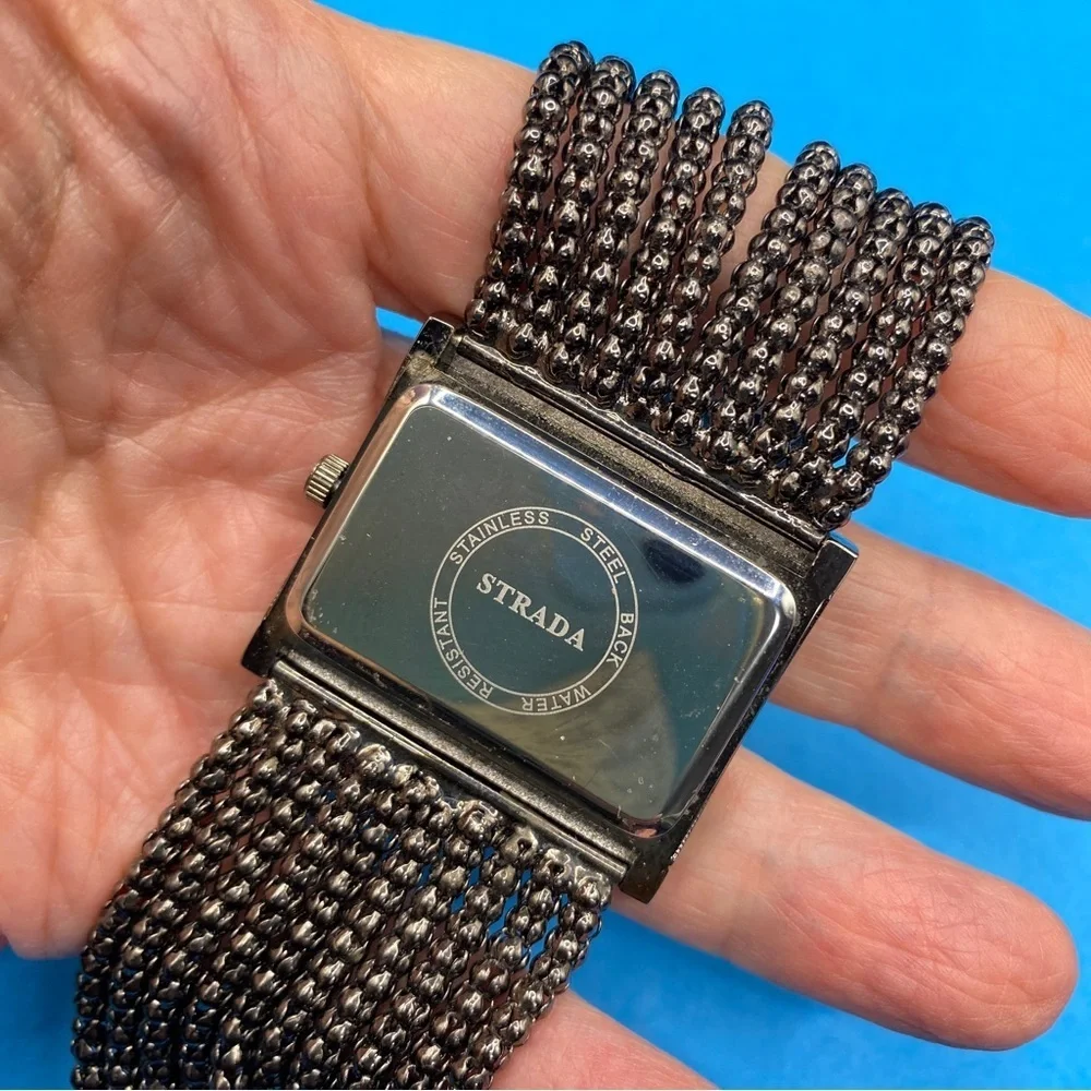 STRADA Watch Black Chain Band Rhinestones